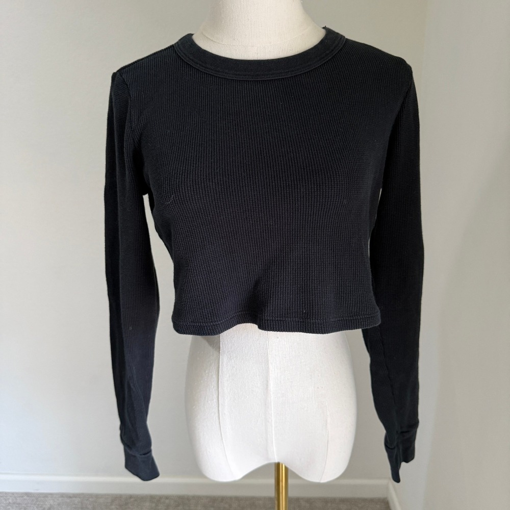 MATE the Label Black Organic Cotton Waffle Knit Cropped Thermal Long Sleeve XS